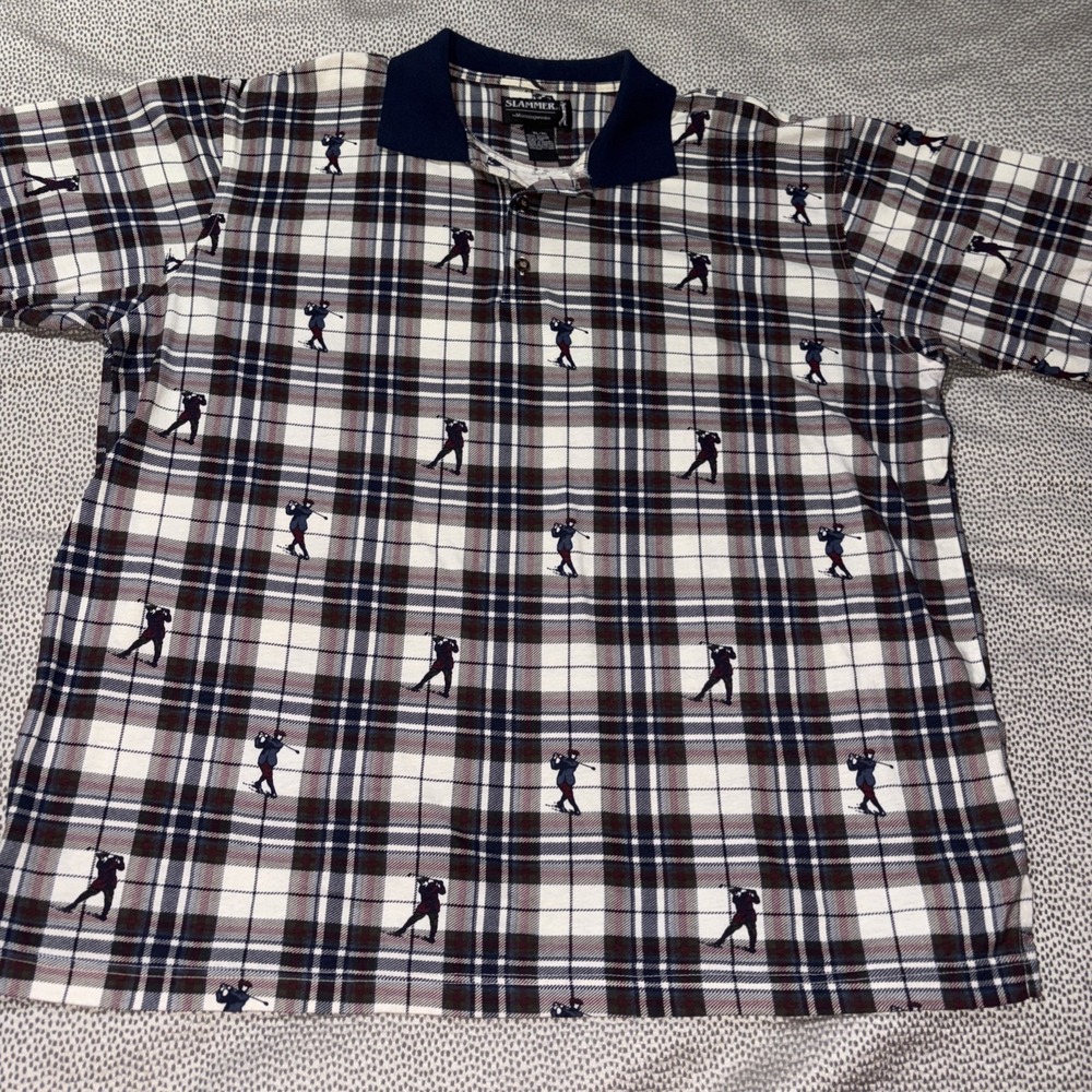 Slammer Munsingwear Golf Polo XL Plaid Allover Golfer Print Vintage 100% Cotton